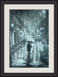 man with umbrella pastel drawing