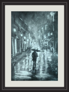 man with umbrella pastel drawing